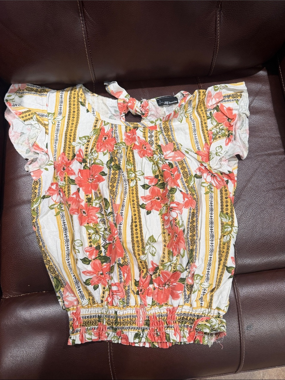 Floral Stripe Flutter Crop Top in Coral & Yellow